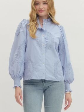 New Light Blue Crochet Lace Eyelet Puff-Sleeve Button Down Blouse